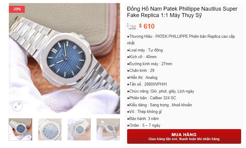 Giá bán đồng hồ Patek Philippe Super Fake, Rep 1 1
